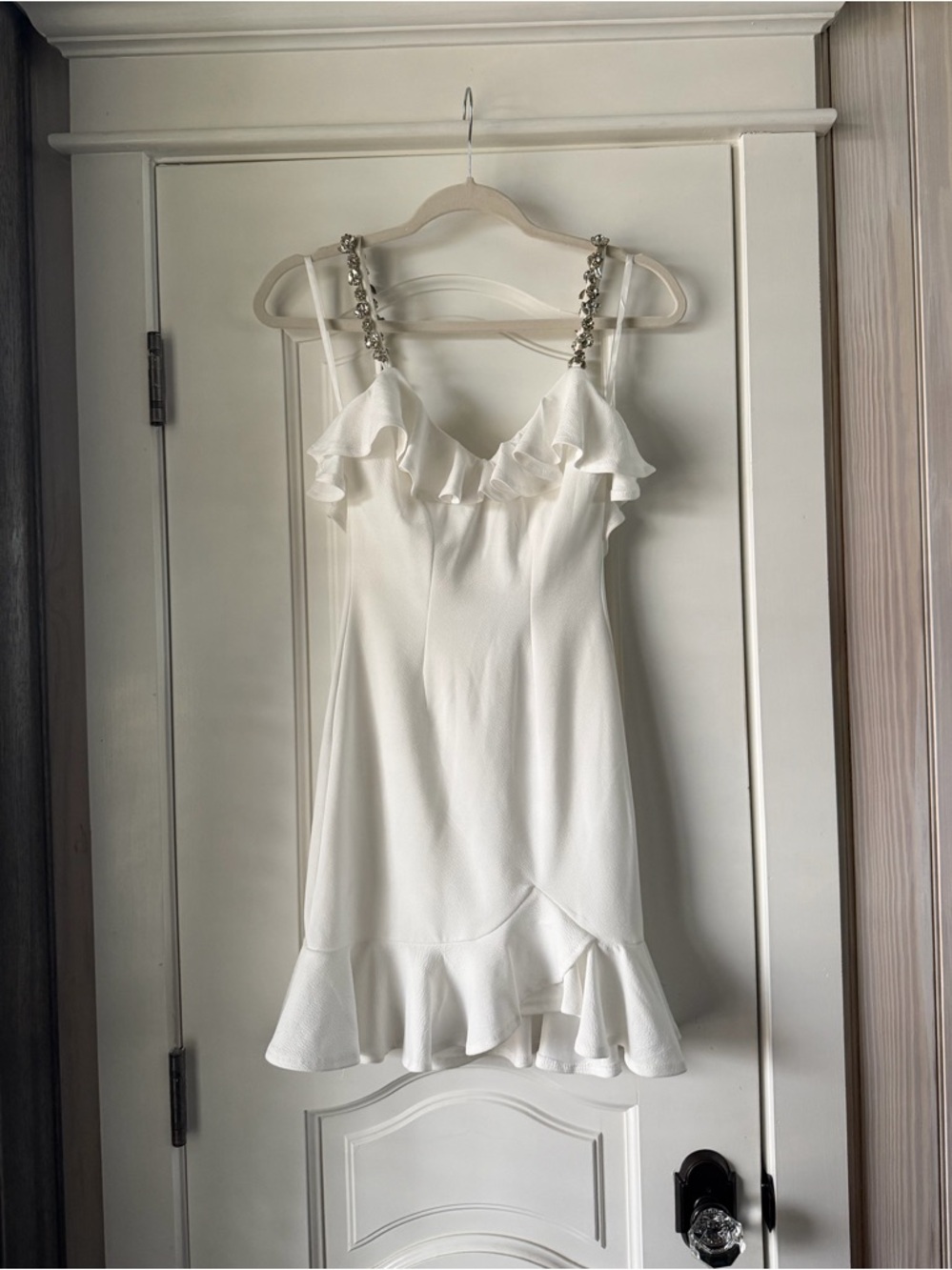 White Ruffle Rhinestone Strap Mini Dress